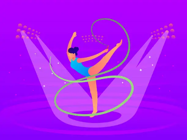 Vector illustration of The girl, dressed in a blue suit, performs on a purple background illuminated by spotlights, showcasing her Rhythmic Gymnastics skills with a green ribbon
