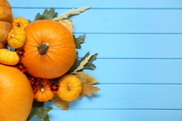 istock Thanksgiving day. Flat lay composition with pumpkins on light blue wooden table, space for text 1947964610