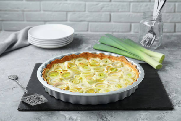 istock Freshly baked leek pie served on grey textured table 1947965387