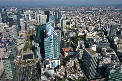 Paris La Defense Business district. The image shows La Defense as high angle image, captured during summer season.