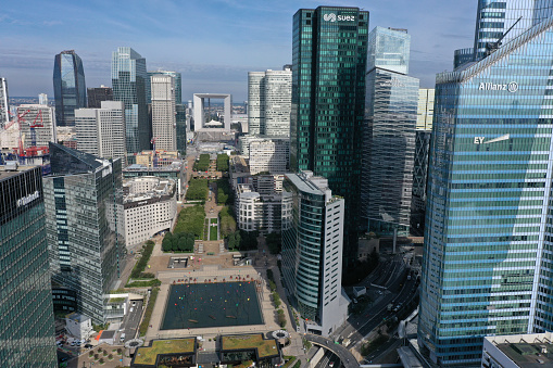 Paris La Defense Business district. The image shows La Defense as high angle image, captured during summer season.