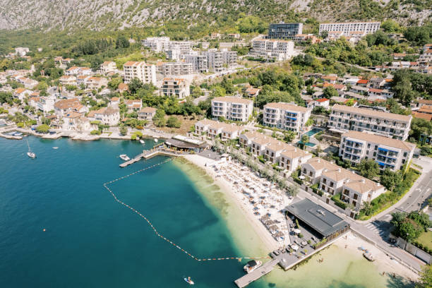 Expensive hotel complex Huma Kotor Bay with a private beach on the seashore. Dobrota, Montenegro. High quality photo