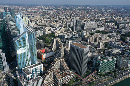 Paris La Defense Business district. The image shows La Defense as high angle image, captured during summer season.