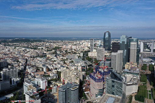 Paris La Defense Business district. The image shows La Defense as high angle image, captured during summer season.