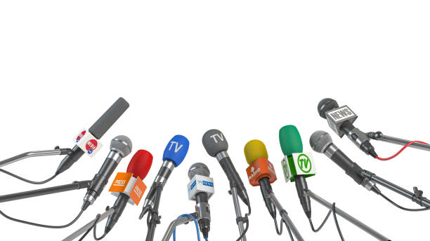 istock Microphones of different mass media isolated on white. Press conference or interview concept. 1947979220