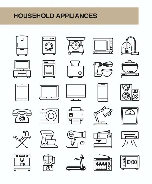 Vector illustration of Household Appliances thin line vector icon set. The design is editable and the color can be changed. Vector set of creativity icons:  Microwave, Oven, Refrigerator, Blender, Kitchen, Coffee - Drink.