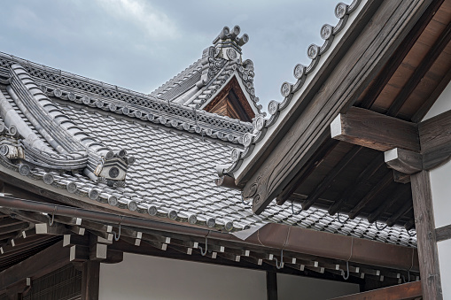 Kyoto, Japan - 13 June, 2023: Incredible use of clay tiles found in the roofs in the temple of Higashi Honganji.