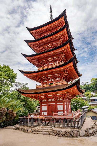 Sensoji temple in Hiroshima, Japan - June 03, 2023: Shrine five-story pagoda at Miyajima.