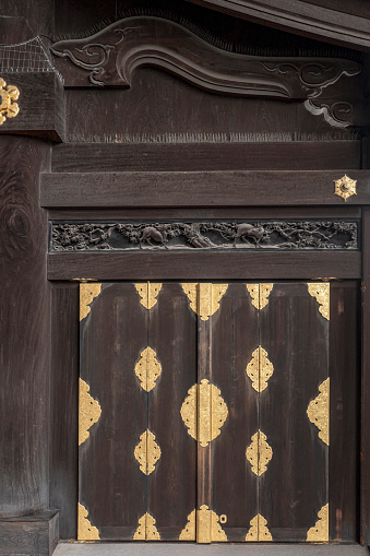Kyoto, Japan – June 12, 2023: Decorated doors in a traditional meditation temple in Japan.