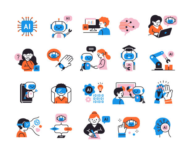 vektorová sada barevných ikon umělé inteligence - robota stock ilustrace