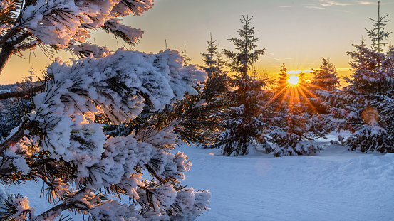 Winter landscape at sunset in the Ore Mountains