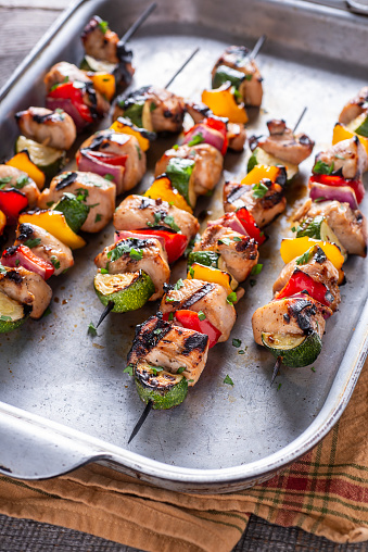 Grilled Chicken Kebabs (Kabobs) with Red and Yellow Bell Peppers, Zucchini and Red Onion