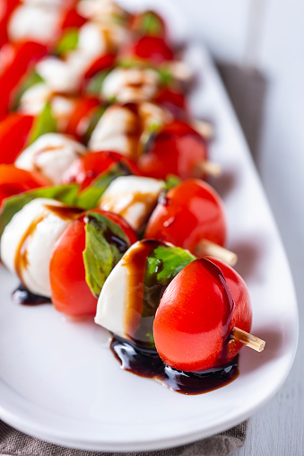 Caprese Salad Kabob with Tomato, Basil, Balsamic Vinegar and Mozzarella