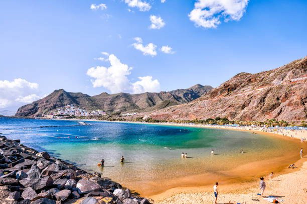 Sights along the shores of Playa de las Teresitas on the island of Tenerife in Spain's Canary Islands Tenerife, Spain - December 25, 2023: Sights along the shores of Playa de las Teresitas on the island of Tenerife in Spain's Canary Islands observatory tenerife canary islands el teide national park stock pictures, royalty-free photos & images
