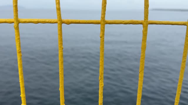 Sea view through the fence.Yellow wire mesh by the sea. Close-up. Motion. No people.