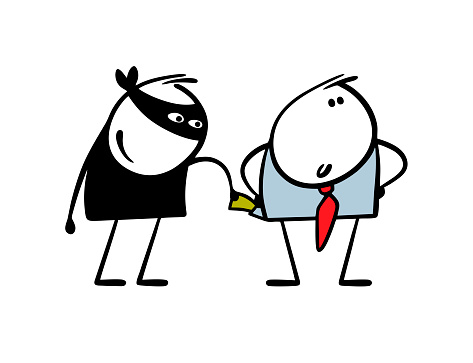 Brazen thief in a black mask got into the pocket of a businessman and steals money. Vector illustration of a carefree man in a business suit does not notice the robber. Isolated on white background.