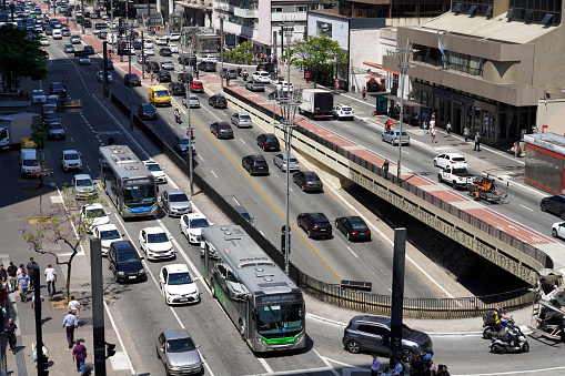 SAO PAULO, BRAZIL - SEPTEMBER 19, 2023: Sao Paulo rush hour in financial district, Paulista Avenue, Sao Paulo, Brazil