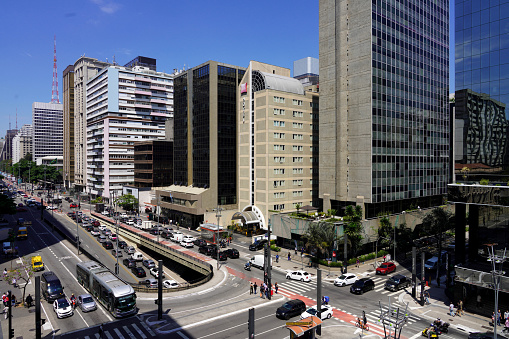 SAO PAULO, BRAZIL - SEPTEMBER 19, 2023: Sao Paulo financial district panoramic view on Paulista Avenue, Sao Paulo, Brazil