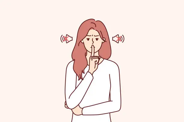 Vector illustration of Frowning woman makes tss gesture calling for phones to be turned off or to speak more quietly