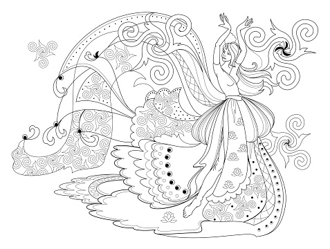 Black and white page for coloring book. Fantasy drawing of dancing Celtic girl in beautiful dress. Pattern for modern print, embroidery, decoration. Hand-drawn vector image.