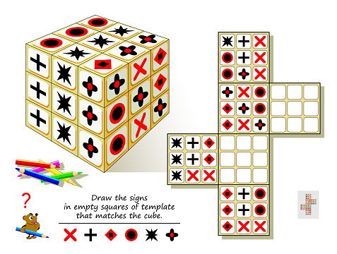 Logic puzzle game for smartest. Draw the signs in empty squares of template that matches the cube. Printable page for brain teaser book. Developing spatial thinking skills. Vector cartoon image.