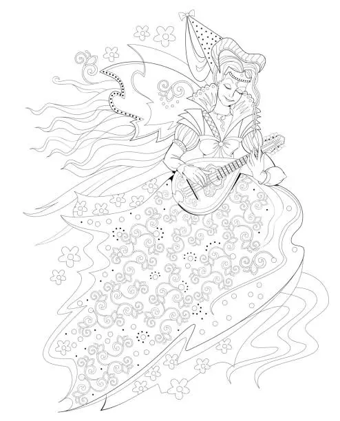 Vector illustration of Black and white page for coloring book. Fantasy drawing of beautiful Gothic princess playing music on mandolin. Pattern for modern print, embroidery, decoration. Hand-drawn vector image.