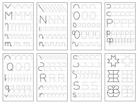 Set of black and white educational pages on line for kids book. Trace alphabet letters from M to S. Printable worksheet for children textbook. Developing skills of writing. Back to school.