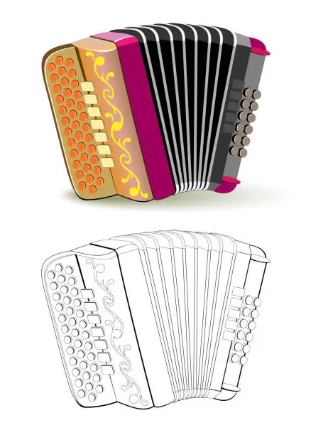 Vector illustration of Colorful and black and white pattern for coloring. Fantasy illustration of musical instrument French button accordion. Worksheet for coloring book for children and adults. Vector image.