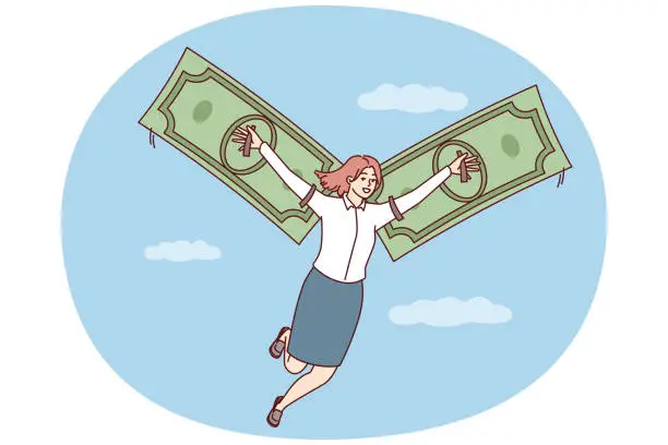 Vector illustration of Happy woman flies in sky among clouds using banknotes instead of wings