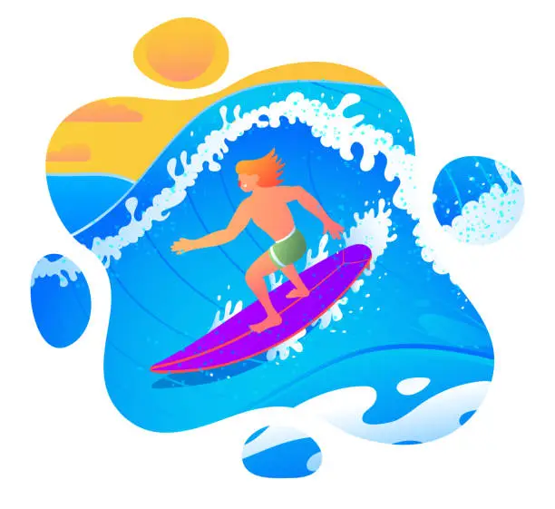 Vector illustration of Blue Wave Surfer, Summer Surf, Male Rider on Ocean Wave