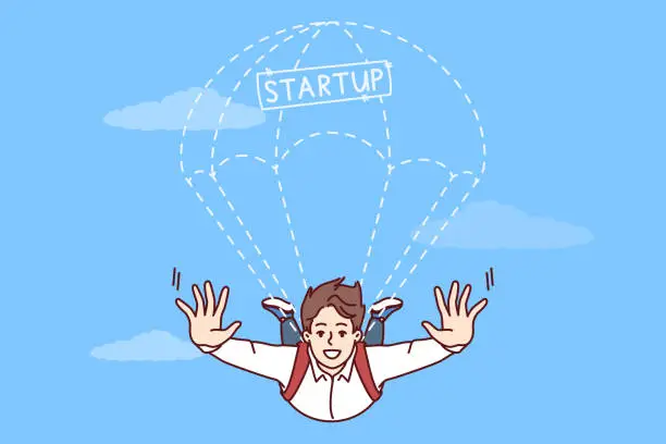 Vector illustration of Business man startup owner with parachute flies in sky, demonstrating willingness to take risks