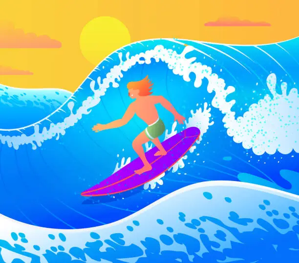 Vector illustration of Blue Wave Surfer, Summer Surf, Male Rider on Ocean Wave