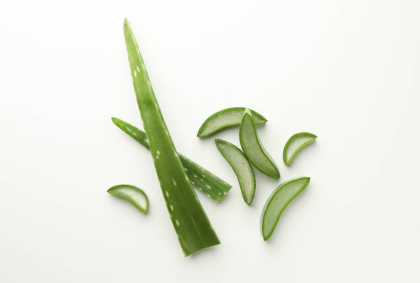 istock Cut aloe vera on white background, flat lay 1948124020