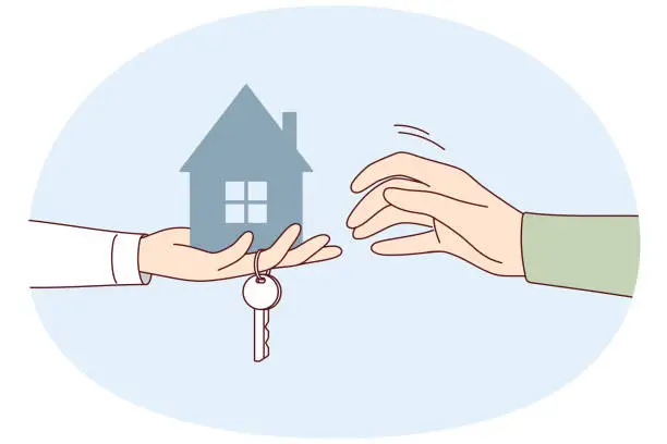 Vector illustration of Hand real estate agent or homelord with key to new apartment stretches model of house to buyer. Vector image