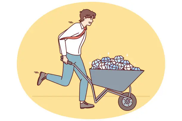 Vector illustration of Successful business man in shirt and tie runs with cart filled with diamonds