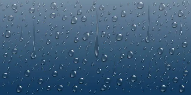 Vector illustration of Rain water drops on blue metallic background