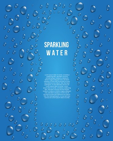 Blue drinking water background, bottle shape with droplet design, editable vector illustration with copy space