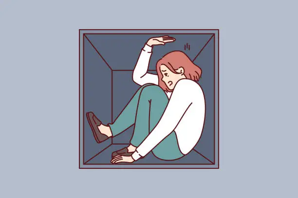 Vector illustration of Woman suffering from claustrophobia sits in cramped box and feels pressure of walls