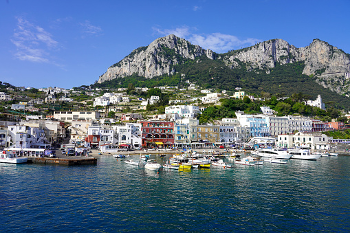 CAPRI, ITALY - MAY 2, 2022: Wonderful view from the sea of Marina Grande port of Capri Island, Italy