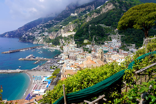 Scenic view of Riomaggiore in  Cinque Terre seaside and bay  in Italy