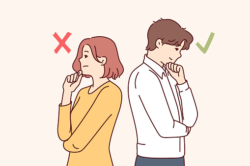 Man and woman with opposing opinions stand with backs to each other and ponder arguments for dispute. Couple with opposing thoughts located near cross or check mark symbolizing differences of opinion