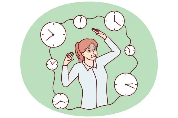 Vector illustration of Frightened woman raising hands standing among clocks symbolizing tough deadlines