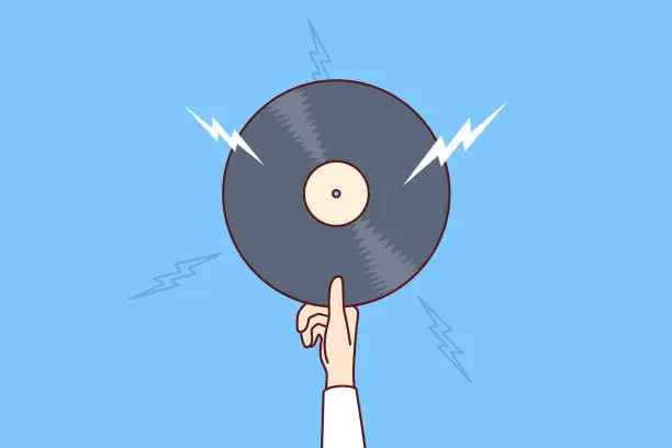 Vector illustration of Vinyl record with retro music in hand of man offering to listen to classical composition