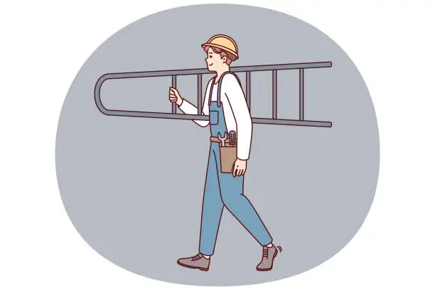 Vector illustration of Man builder or professional repairman in overalls carries stepladder on shoulder