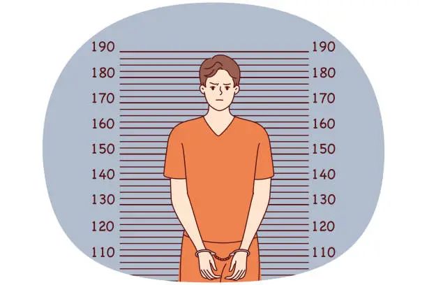Vector illustration of Man in handcuffs and orange prison clothes stands near lines for measuring height. Vector image