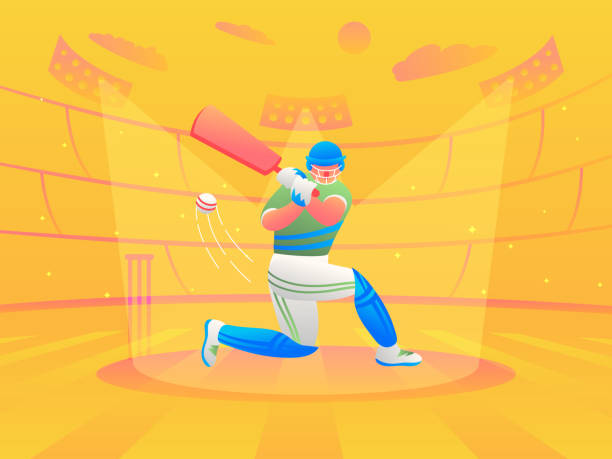 die brillanz der schlagmänner, der sonnenbeschienene cricket-triumph, der cricket-spieler schlägt den ball - floodlight blue sky day stock-grafiken, -clipart, -cartoons und -symbole