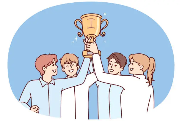 Vector illustration of Tight-knit team of startup raises cup over heads after winning in business competition