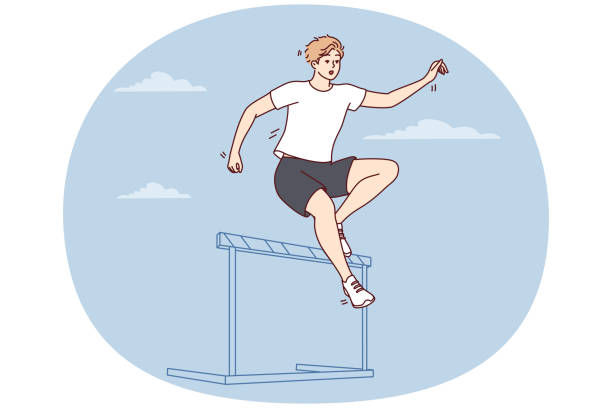 male athlete running up jumps over barrier during important competition. vector image - athlete muscular build hurdle motivation点のイラスト素材／クリップアート素材／マンガ素材／アイコン素材