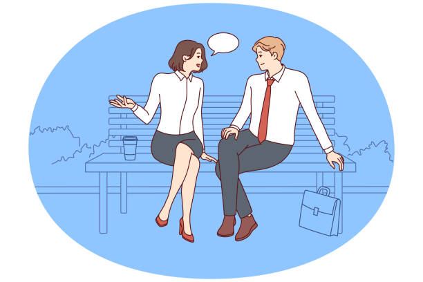istock Carefree man and woman sitting on park bench and talking telling stories from work. Vector image 1948170369