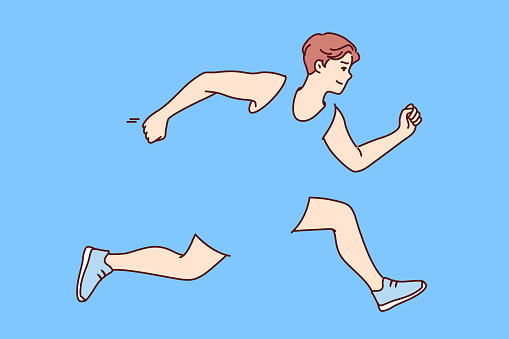 Man runs to have good health, winning sports tournaments or track and field competitions, dressed in transparent clothes. Running guy trains endurance, enjoys running and leads healthy lifestyle
